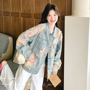 早秋季新款美式减龄时尚显瘦粉色烧花蕾丝牛仔外套女情侣潮牌复古图片
