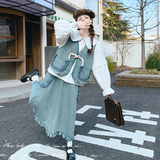 蓝色牛仔套装裙女2025春季新款设计感超好看衬衫马甲半身裙三件套，女装套装/套裙，2C018