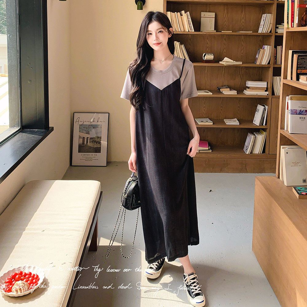超好看拼接假两件连衣裙女2025年夏季新款高级感宽松显瘦休闲长裙,女装连衣裙,2C018