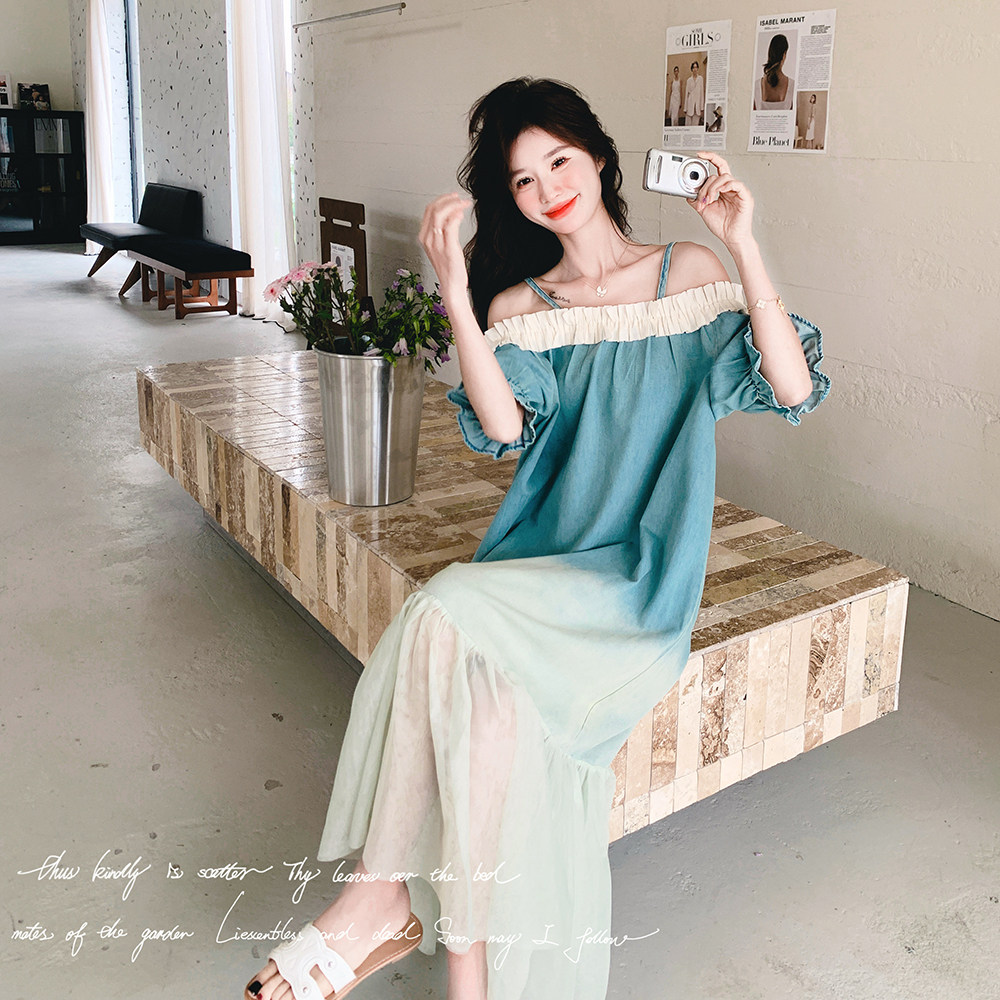蓝色渐变一字肩吊带连衣裙女2025夏季新款法式超好看海边度假长裙,女装连衣裙,2C018