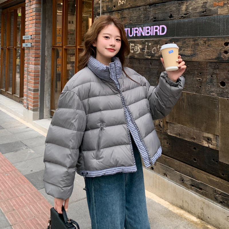 灰色格纹拼接排骨羽绒服女2025冬季新款学院风加厚保暖白鸭绒外套,女装羽绒服,2C018
