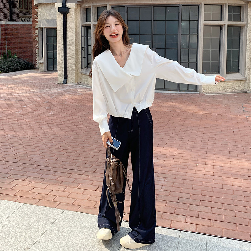 法式气质设计感v领衬衫套装女2025春秋季新款显瘦牛仔长裤两件套,女装套装/套裙,2C018