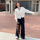 法式气质设计感v领衬衫套装女2025春秋季新款显瘦牛仔长裤两件套，女装套装/套裙，2C018