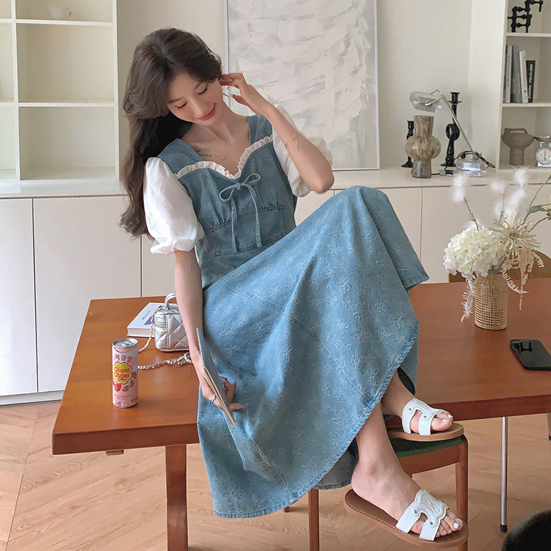 高级感气质牛仔拼接连衣裙女2025夏季新款韩版收腰显瘦别致长裙子,女装连衣裙,2C018