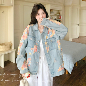 早秋季新款美式减龄时尚显瘦粉色烧花蕾丝牛仔外套女情侣潮牌复古图片