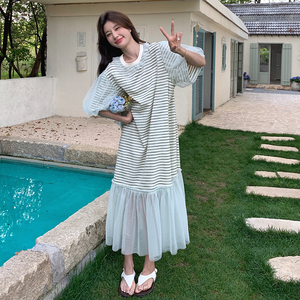 网纱拼接泡泡袖条纹连衣裙女夏季新款高级感宽松绝美鱼尾T恤裙潮图片