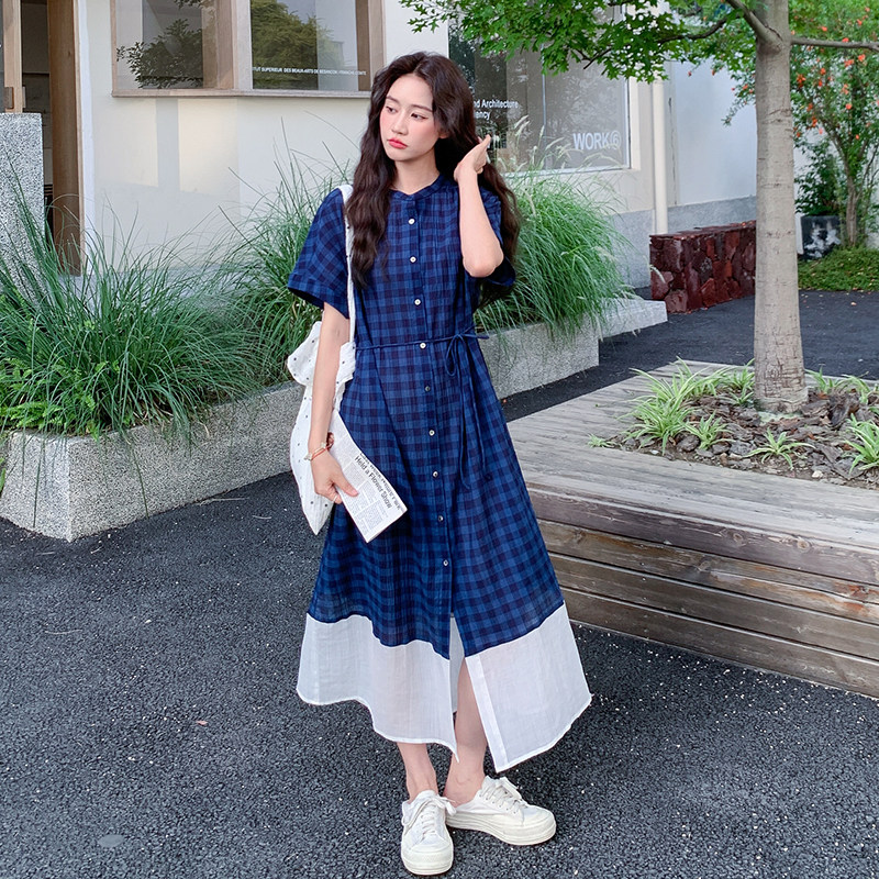 韩系格子拼接连衣裙女2025夏季新款时尚气质设计感藏青色衬衫长裙,女装连衣裙,2C018