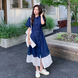 韩系格子拼接连衣裙女2025夏季新款时尚气质设计感藏青色衬衫长裙，女装连衣裙，2C018