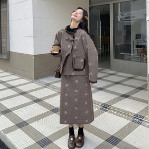 小香风碎花咖色毛呢外套半身裙套装女秋冬高级感气质小个子两件套图片