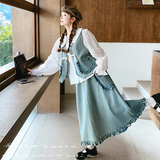 蓝色牛仔套装裙女2025春季新款设计感超好看衬衫马甲半身裙三件套，女装套装/套裙，2C018