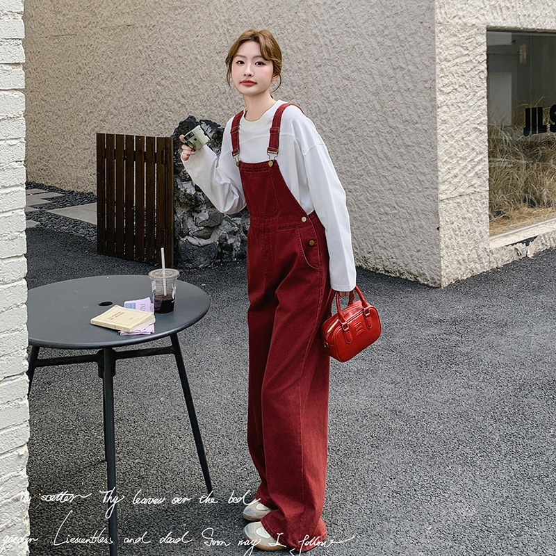 美式复古红色工装牛仔背带裤女春季新款小个子直筒宽松洋气减龄，女装牛仔裤，2C018