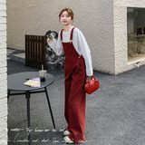美式复古红色工装牛仔背带裤女春季新款小个子直筒宽松洋气减龄，女装牛仔裤，2C018