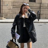黑色复古设计感轻熟风PU皮外套女2025秋季盐系时髦翻领拼接上衣潮，女装皮衣，2C018