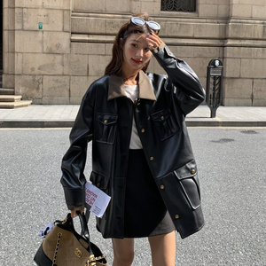黑色复古设计感轻熟风PU皮外套女2025秋季盐系时髦翻领拼接上衣潮图片