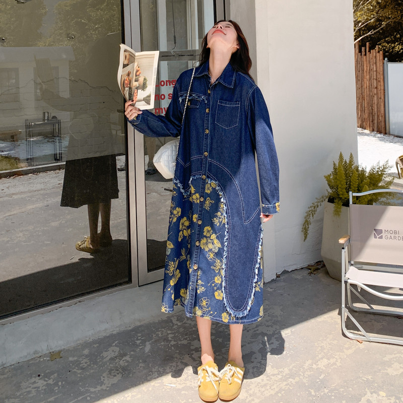 休闲减龄牛仔碎花连衣裙女春秋2025新款超火好看高级松弛感长裙子,女装连衣裙,2C018