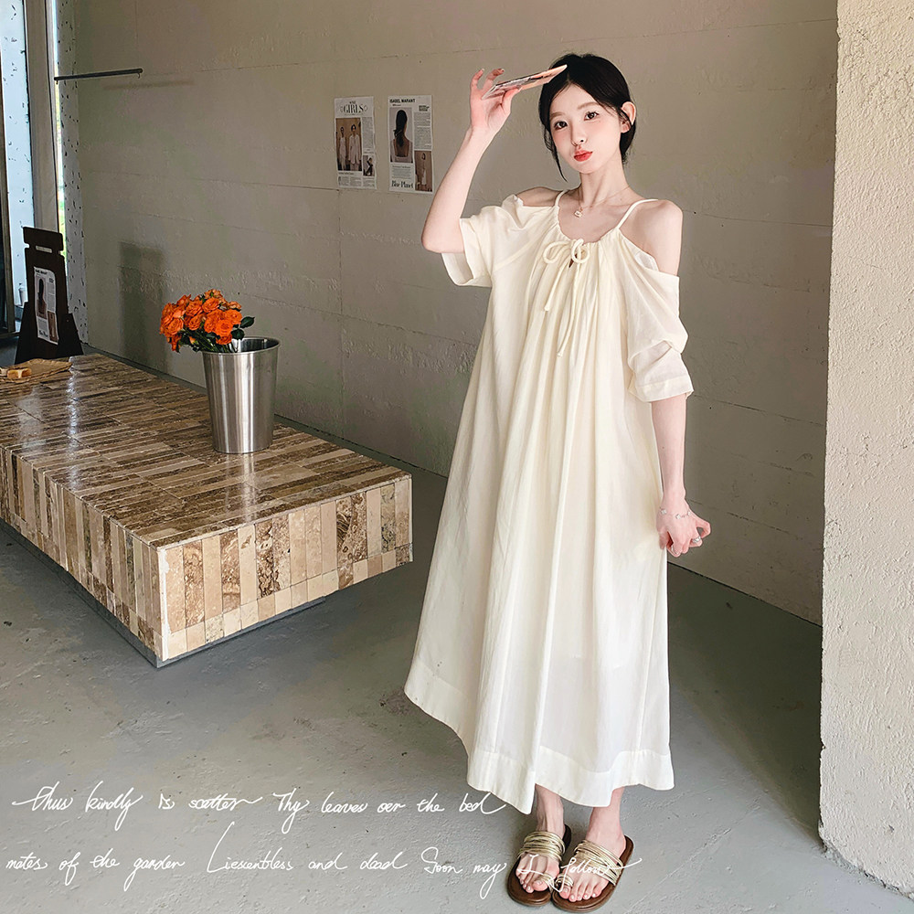 法式绝美挂脖露肩连衣裙女夏季2025年新款温柔风超仙海边度假长裙,女装连衣裙,2C018
