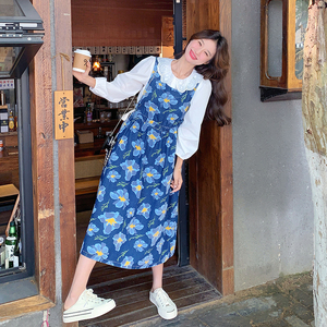 韩系减龄娃娃领上衣套装女2025春秋季新款显瘦碎花背带长裙两件套图片