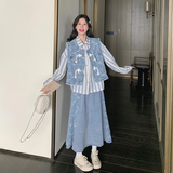 新中式国风穿搭牛仔马甲套装女初春秋好看高级感衬衫半身裙三件套，女装套装/套裙，2C018