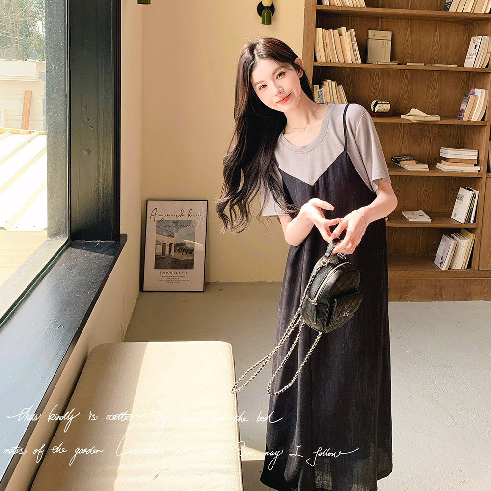 超好看拼接假两件连衣裙女2025年夏季新款高级感宽松显瘦休闲长裙,女装连衣裙,2C018