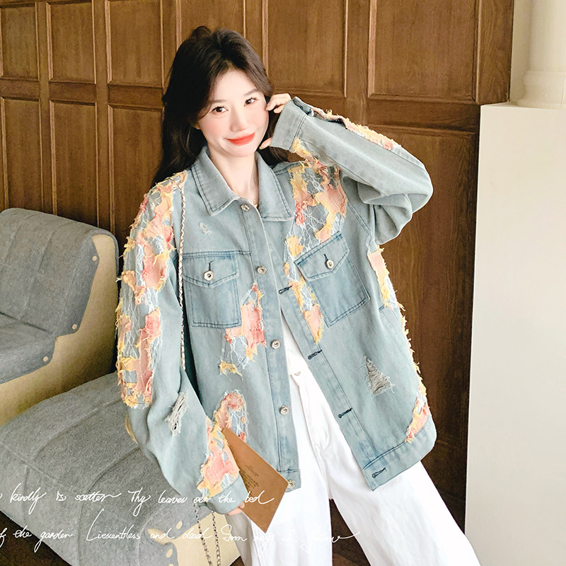 早秋季新款美式减龄时尚显瘦粉色烧花蕾丝牛仔外套女情侣潮牌复古图片