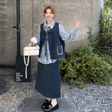 休闲气质藏青色马甲衬衫半身裙套装女春秋季高级小众不撞款三件套，女装套装/套裙，2C018