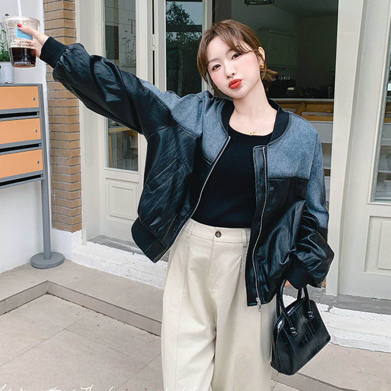 新款百搭圆领黑灰色拼接皮衣外套女时尚显瘦休闲2025秋夹克上衣潮图片