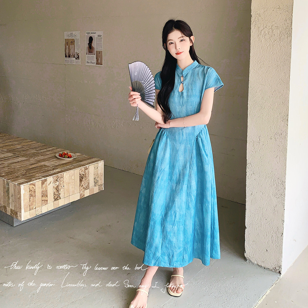 新中式国风扎染连衣裙女2025夏季新款独特超好看气质显瘦旗袍长裙,女装连衣裙,2C018