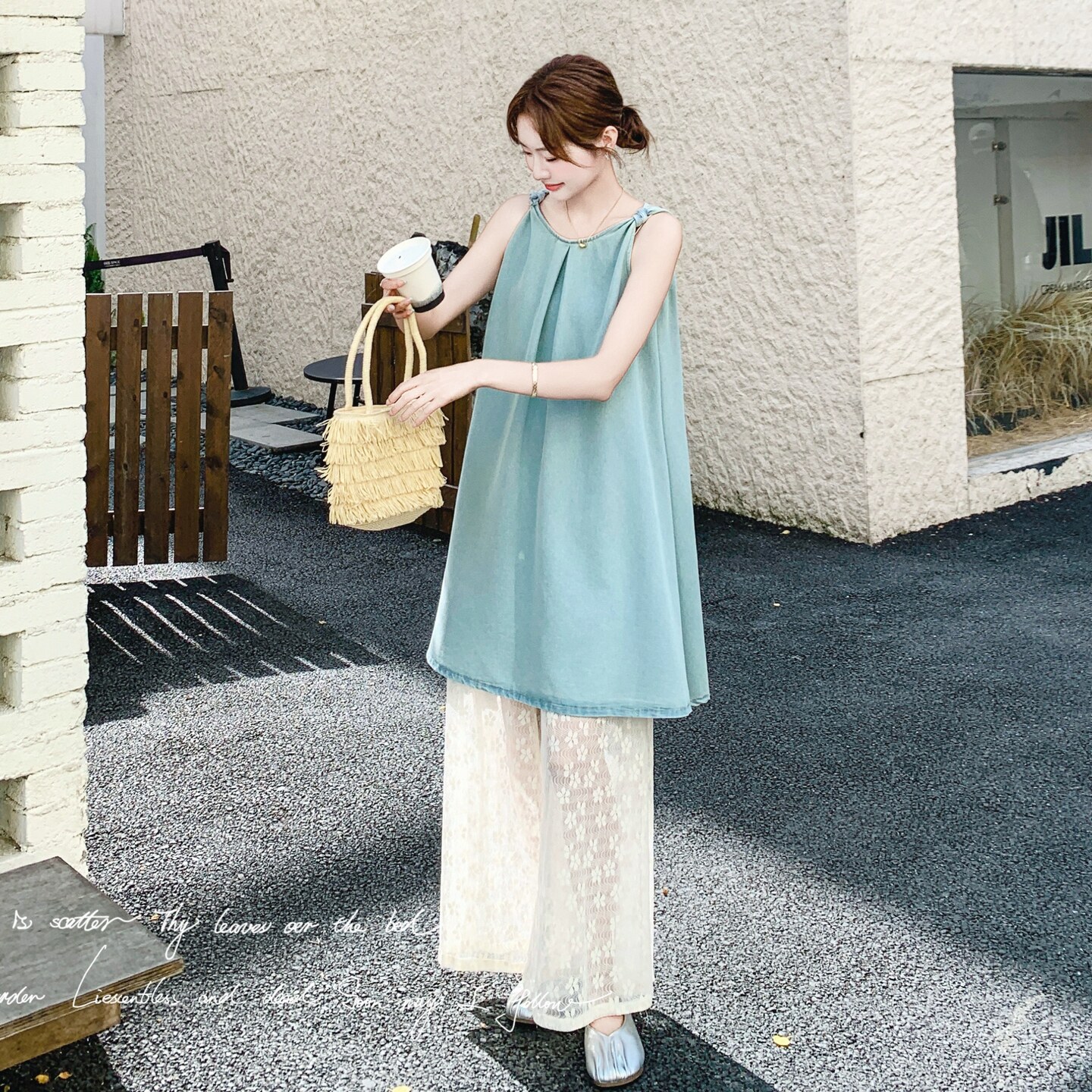 蓝色吊带连衣裙套装女2025年夏季新款休闲松弛感蕾丝阔腿裤两件套,女装套装/套裙,2C018