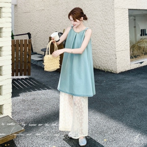 蓝色吊带连衣裙套装女2025年夏季新款休闲松弛感蕾丝阔腿裤两件套图片