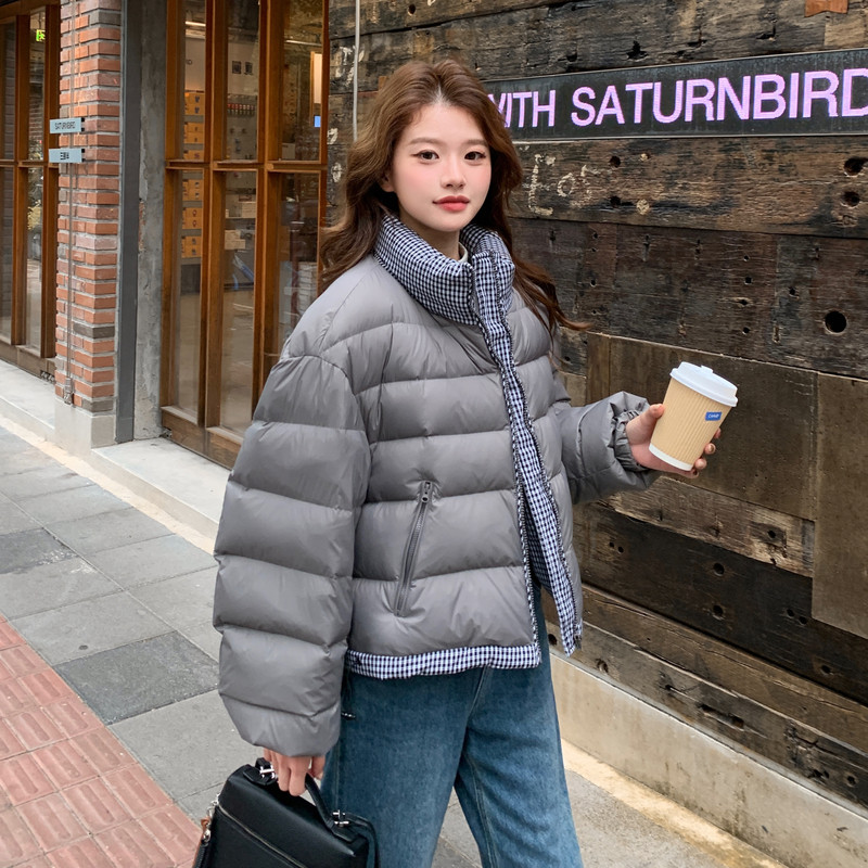 灰色格纹拼接排骨羽绒服女2025冬季新款学院风加厚保暖白鸭绒外套,女装羽绒服,2C018