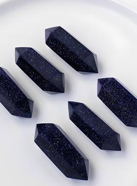 天然水晶蓝砂金石双尖柱摆件原石打磨六棱水晶柱能量石柱吊坠