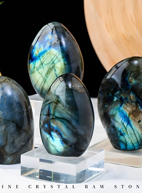 天然水晶强蓝光拉长石摆件月光石原石手把玩件家居装饰工艺品