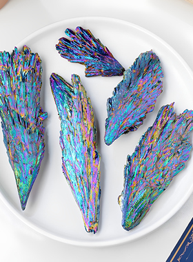 天然水晶原石电镀黑碧玺七彩羽毛多色矿物标本彩虹晶簇造景石