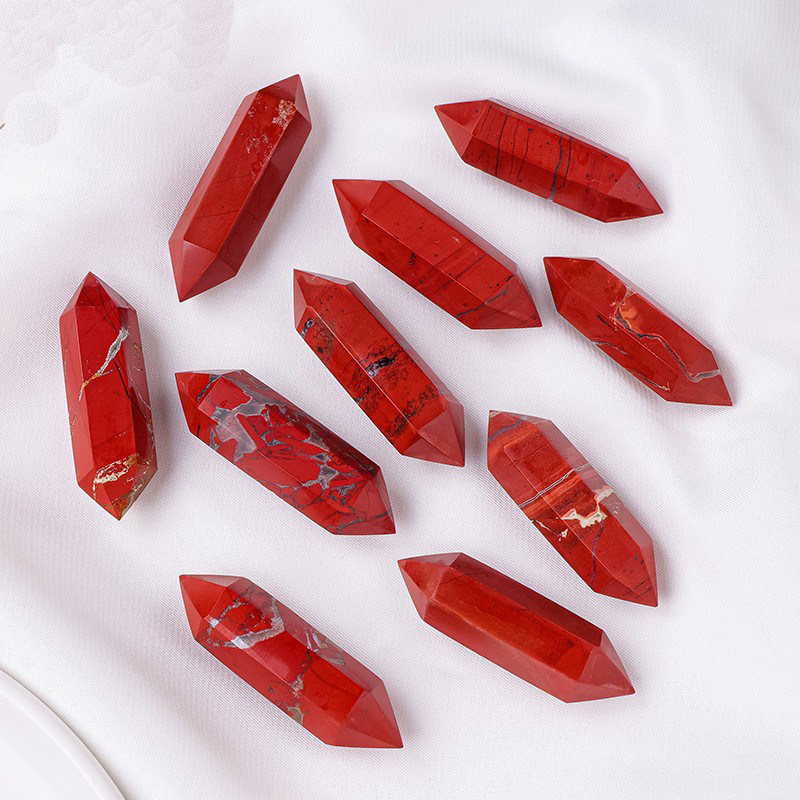天然水晶红碧玉双尖柱原石打磨抛光六棱水晶柱能量石柱工艺品