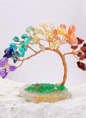 跨境天然水晶七彩碎石玛瑙片水晶树手工编织水晶生命树凤尾树