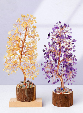 天然水晶碎石木桩底座水晶树亚马逊七彩碎石水晶生命树摆件