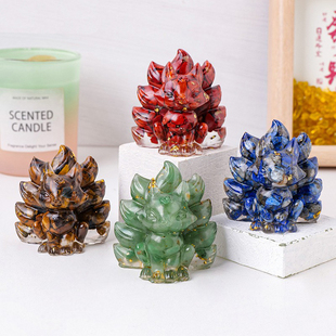 天然水晶碎石滴胶九尾狐小摆件家居办公桌面公仔摆件饰品礼物