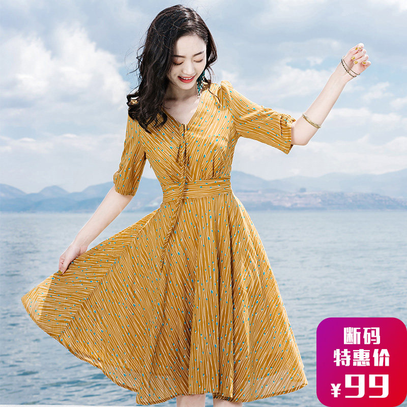 夏季中长款冷淡风雪纺连衣裙越南芽庄旅游沙滩裙女沙巴岛海边度假