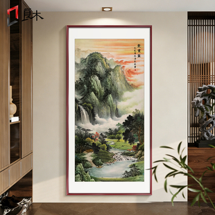 聚宝盆玄关挂画西墙聚财壁画入户正对门装 山水画靠山图 饰画新中式
