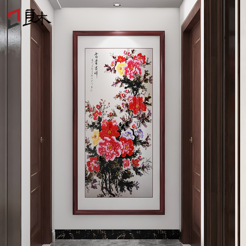 新中式玄关装饰画牡丹花挂画入户走廊过道壁画花开富贵国画手绘图片