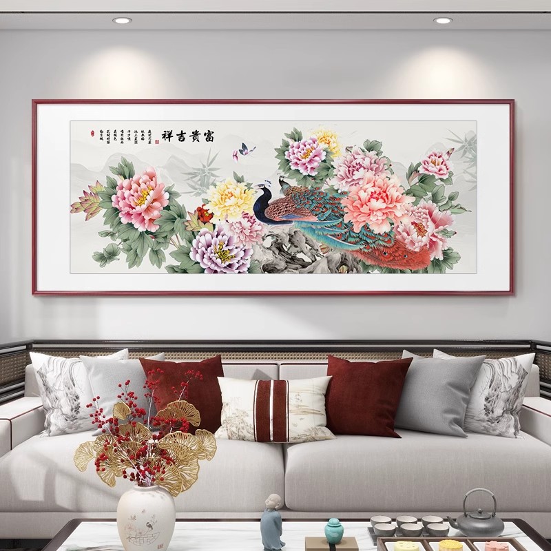 花开富贵客厅挂画新中式沙发背景墙装饰画孔雀图牡丹花寓意好壁画图片
