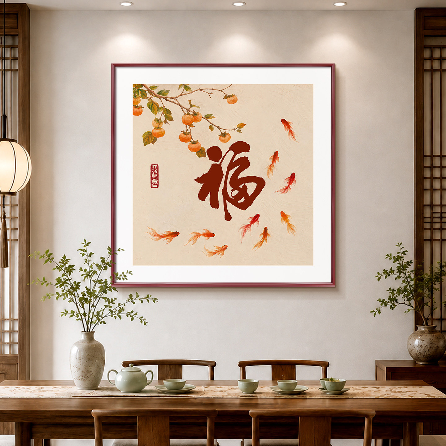 2026新款柿子九鱼图餐厅挂画图片