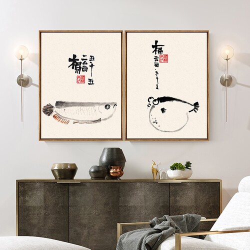 抽象风禅意水墨游鱼双联装饰画
