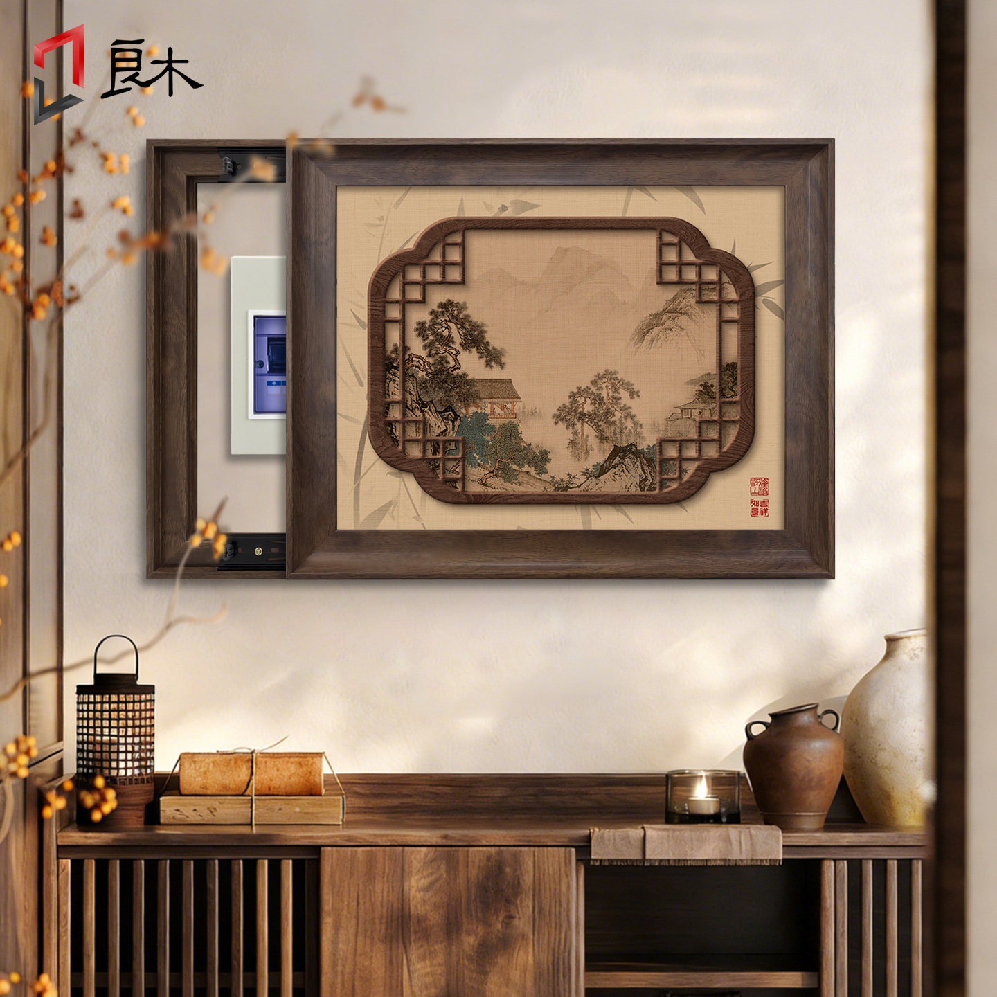 宋代美学电表箱装饰画山水画客厅餐厅电闸箱遮挡挂画中式配电箱画