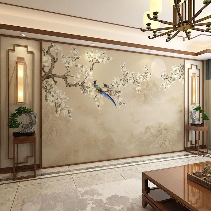 壁画氛围墙装饰8D新中式玉兰花鸟壁纸画画客厅电视背景墙卧室璧布