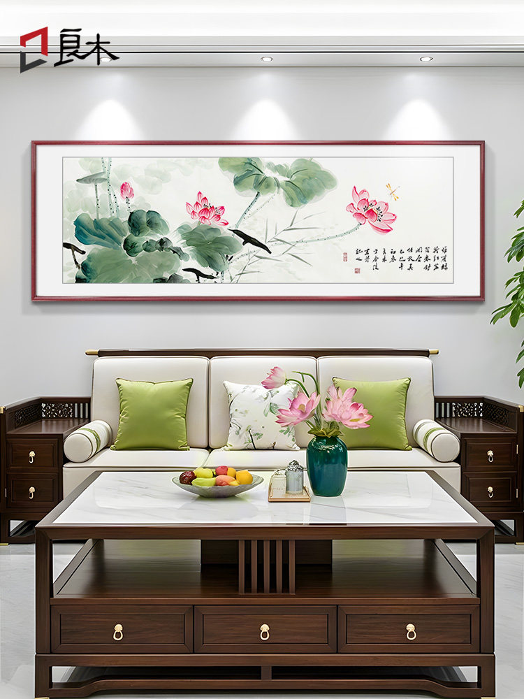 新中式水墨荷花客厅装饰画沙发背景墙挂画纯手绘写意国画卧室壁画