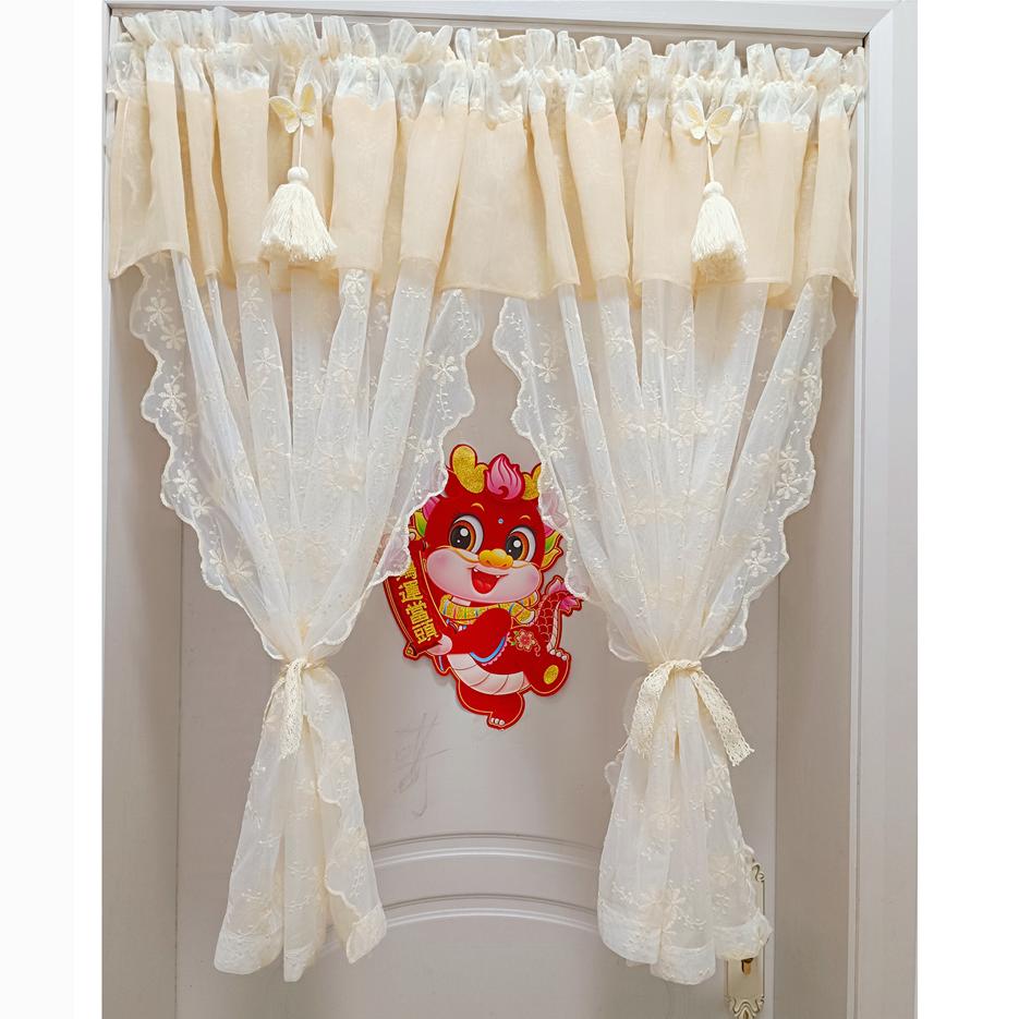 新款奶油风文艺小短帘半帘刺绣蕾丝纱帘卧室书房门帘装饰帘免打孔