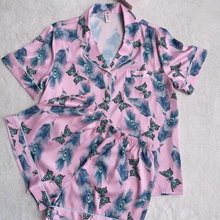 家居服套装 短裤 缎面蝴蝶短袖 丝滑细腻宽松女睡衣夏季