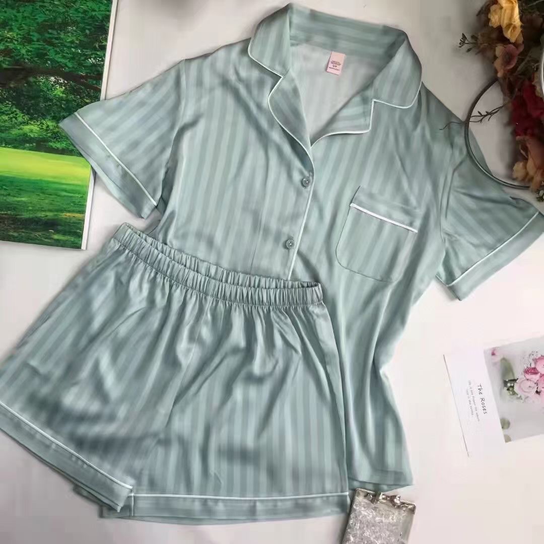 众享丝滑~丝质软滑休闲蒂芙蓝条纹六角星短袖裤女睡衣家居服套装