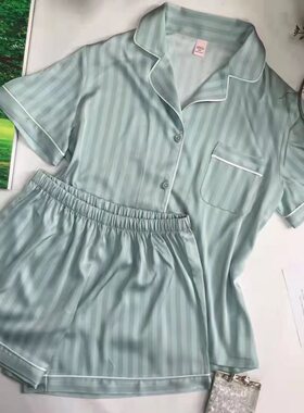 众享丝滑～丝质软滑休闲蒂芙蓝条纹六角星短袖裤女睡衣家居服套装